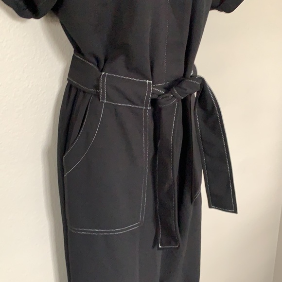 Lush Black Contrast Stitch Button Front Short Sleeve Tie Waist Jumpsuit - Picture 7 of 12